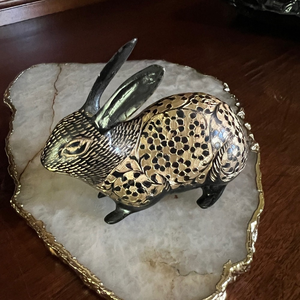 Svarn Studio Black Brass Rabbit Figurine Gold Etched Floral Motif Indian Decor